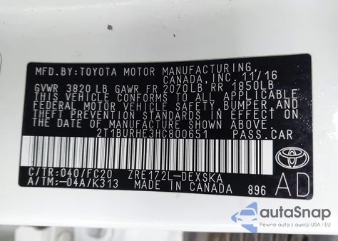 2017 Toyota Corolla Se z USA, uszkodzony, nr VIN 2T1BURHE3HC800651